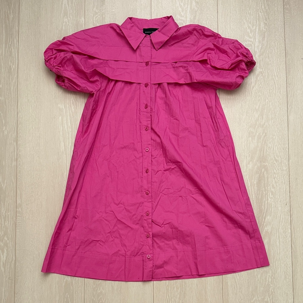 Donna Morgan Vibrant Pink Short Puff Sleeve Buttoned Dress